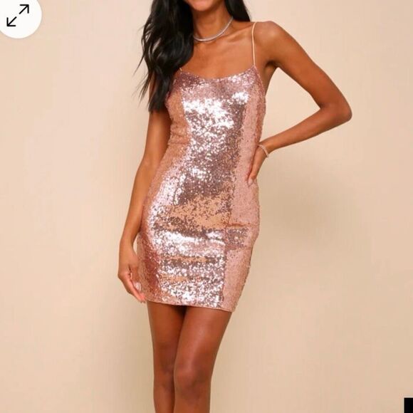 New with Tag. Small Lulus Bring It Rose Gold Sequin Bodycon Mini Dress (M1) - Picture 1 of 6